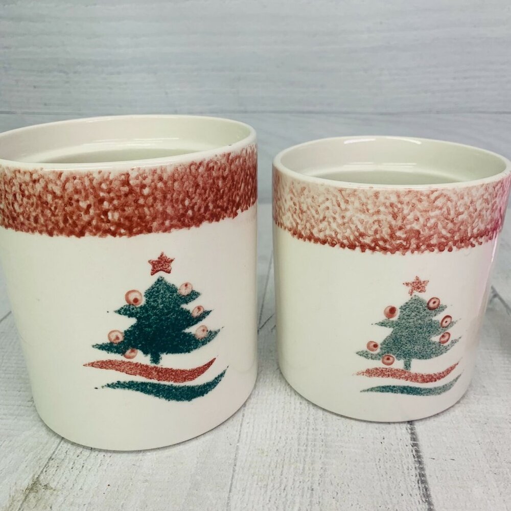Gibson CHRISTMAS STAR Stoneware Red Green Sponged Tree Storage Container Set 2 - Picture 2 of 9